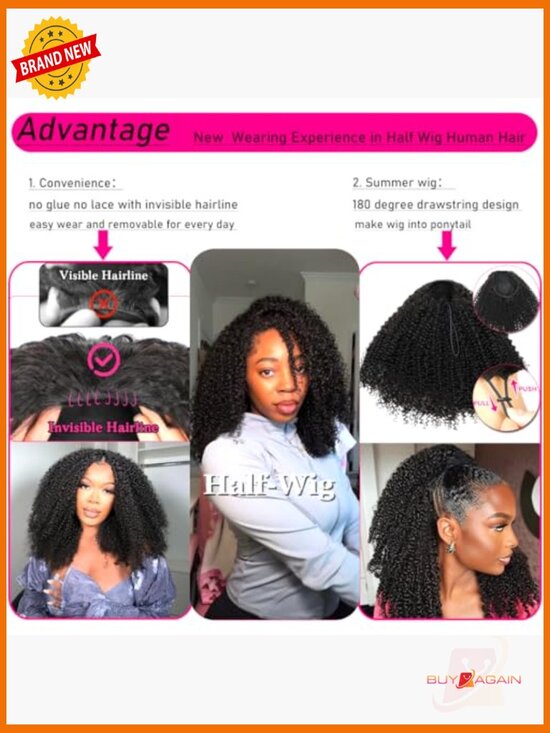 Kinky Curly 200 Density Human Hair Half Wig Drawstring Glueless Beginner